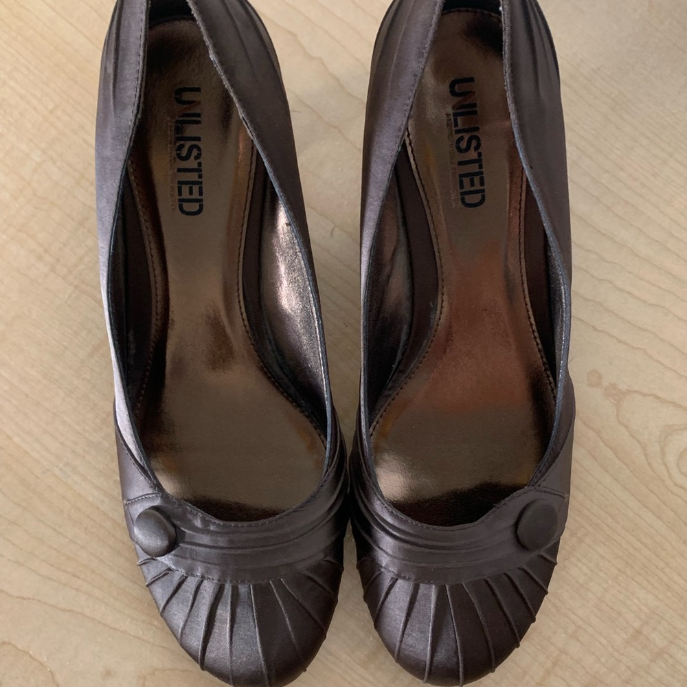 Unlisted Brown Satin Heels with Elegant Pleats